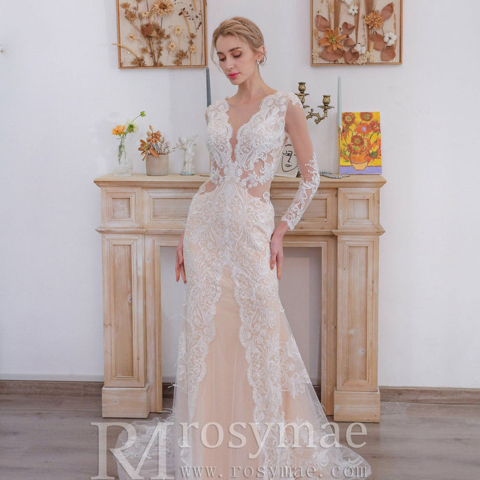 Keyhole Back Long Sleeve Low V Neck Mermaid Wedding Dress - Rosymae