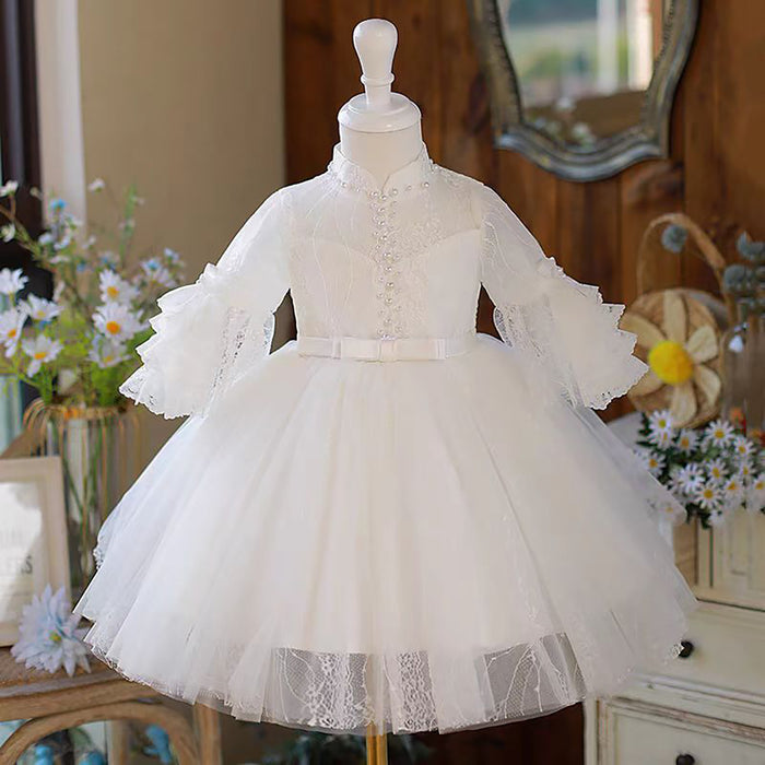 Lace Tulle Pearl White Flower Girl Dress Waist Bowed D023