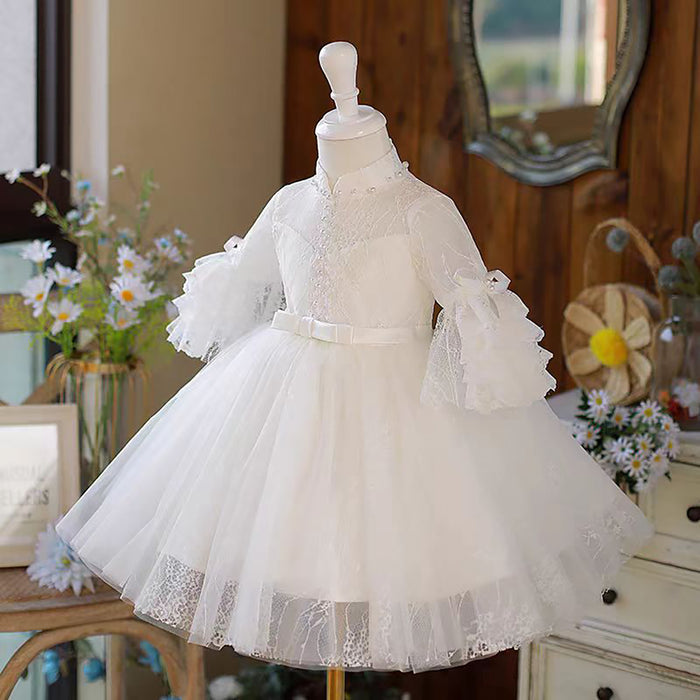 Lace Tulle Pearl White Flower Girl Dress Waist Bowed D023
