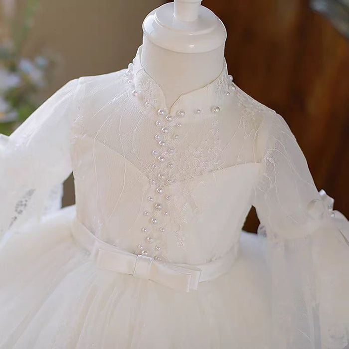 Lace Tulle Pearl White Flower Girl Dress Waist Bowed D023