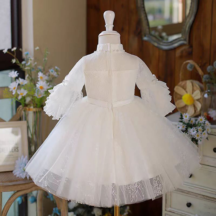 Lace Tulle Pearl White Flower Girl Dress Waist Bowed D023