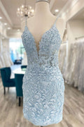 Light Blue Appliques Plunge V Backless Short Homecoming Dress