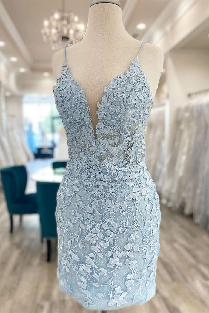 Light Blue Appliques Plunge V Backless Short Homecoming Dress