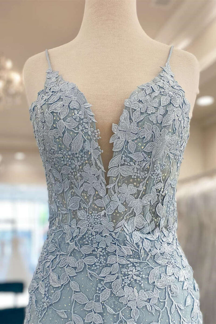 Light Blue Appliques Plunge V Backless Short Homecoming Dress