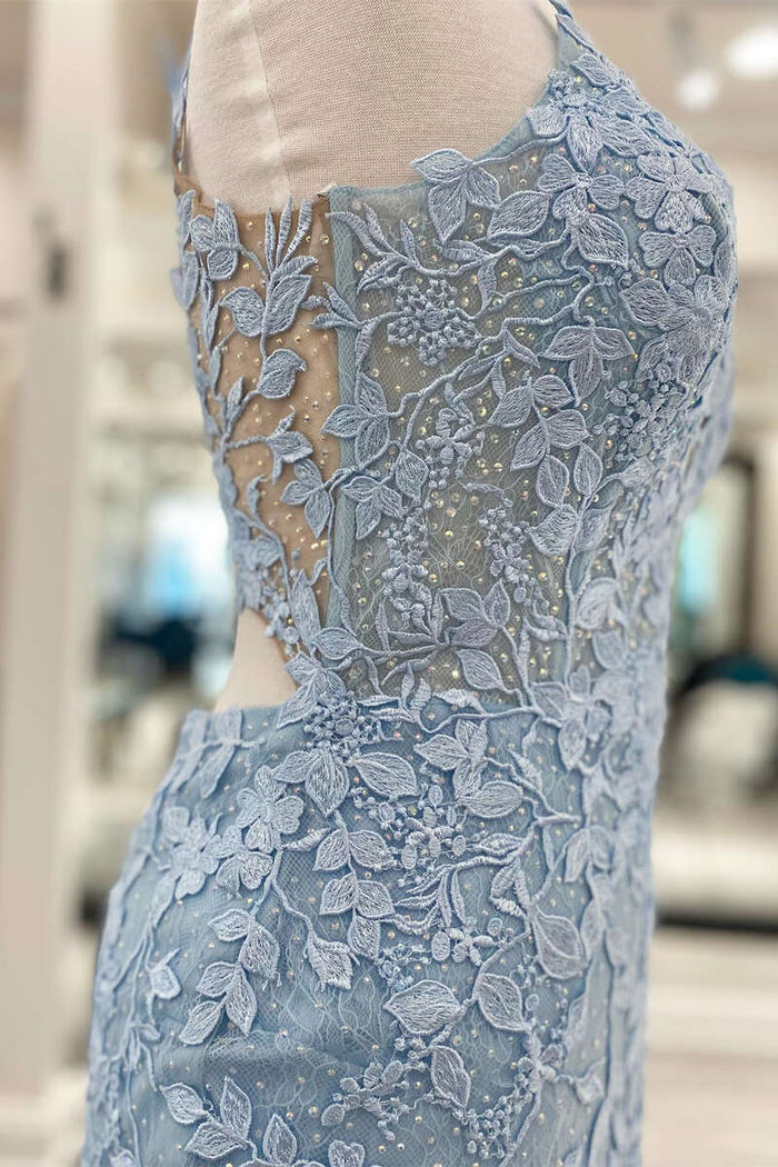 Light Blue Appliques Plunge V Backless Short Homecoming Dress