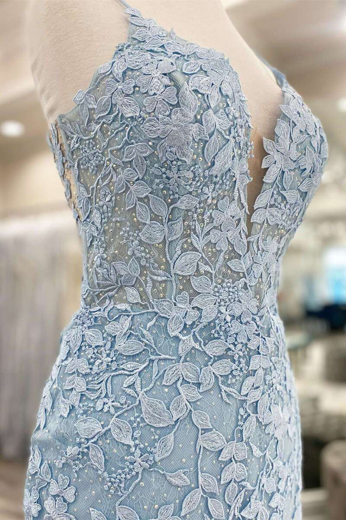 Light Blue Appliques Plunge V Backless Short Homecoming Dress