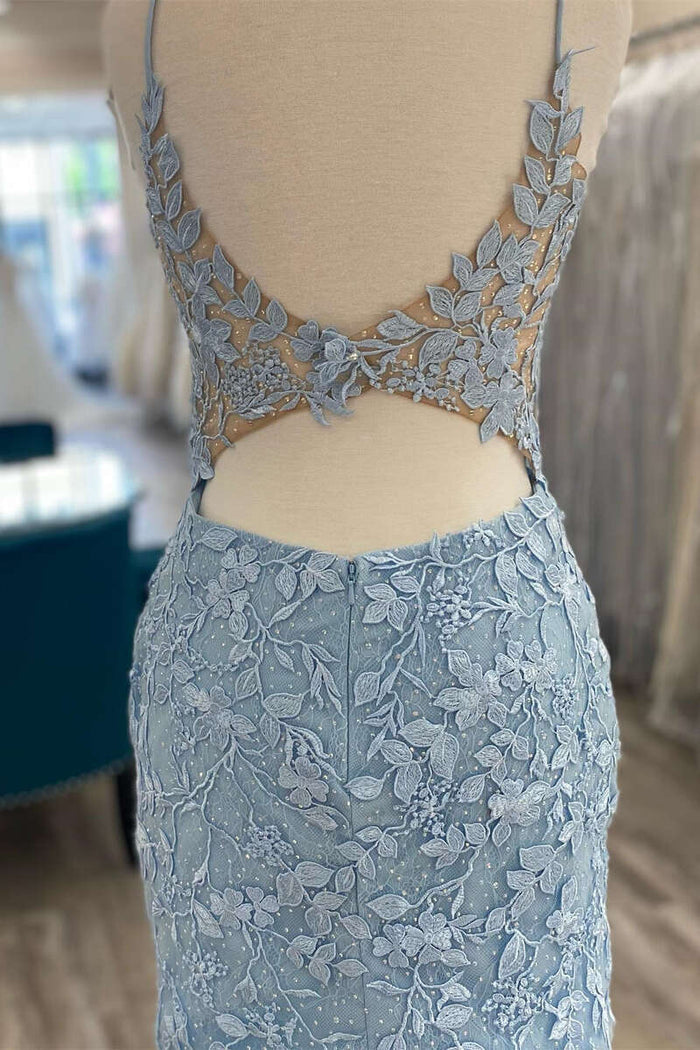 Light Blue Appliques Plunge V Backless Short Homecoming Dress
