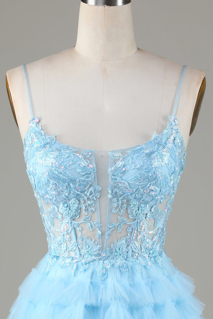 Light Blue Sheer Bodice Ruffle Tiered Short Homecoming Dress