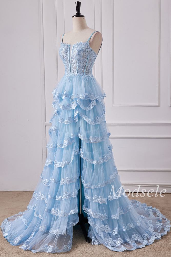 Light Blue Tulle Appliques Spaghetti Strap Ruffle Gown with Slit