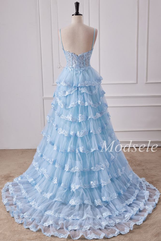 Light Blue Tulle Appliques Spaghetti Strap Ruffle Gown with Slit