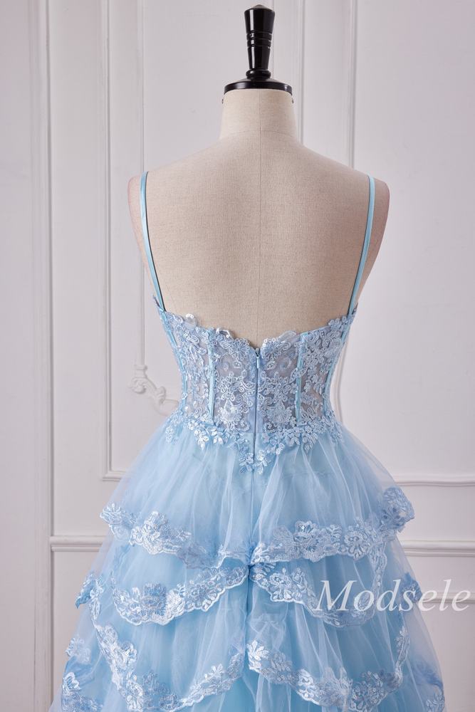 Light Blue Tulle Appliques Spaghetti Strap Ruffle Gown with Slit