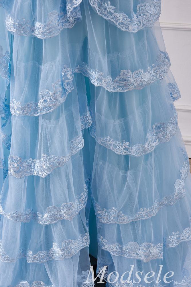 Light Blue Tulle Appliques Spaghetti Strap Ruffle Gown with Slit