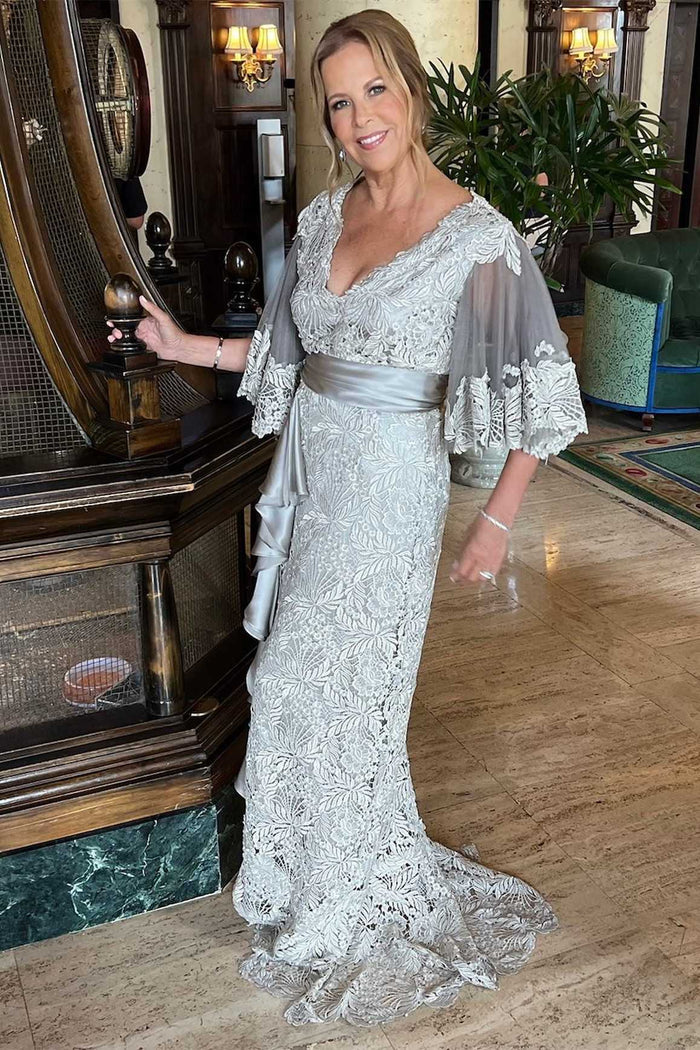 Light Grey Lace V-Neck Ruffled Sleeve Mother of the Bride Dress