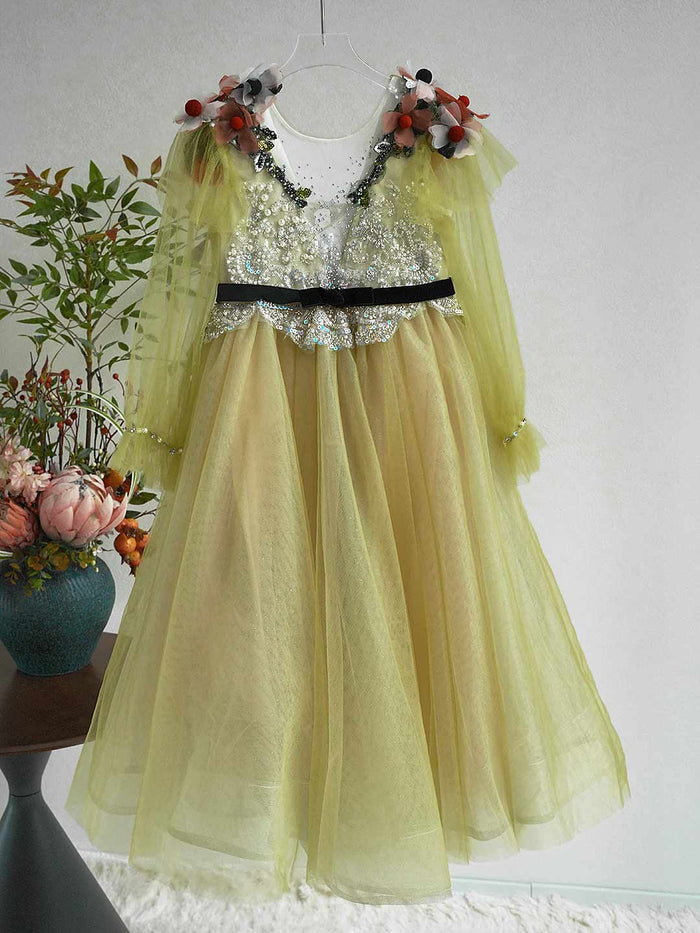 Light Yellow Flower Girl Dress with Red 3D Flowers Sequins J270