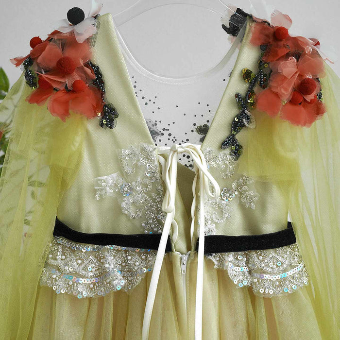 Light Yellow Flower Girl Dress with Red 3D Flowers Sequins J270