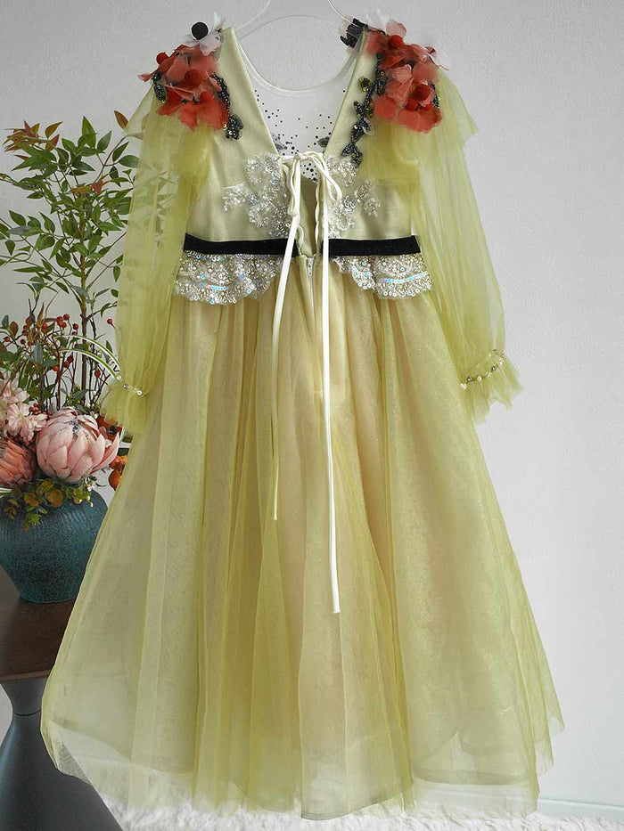 Light Yellow Flower Girl Dress with Red 3D Flowers Sequins J270