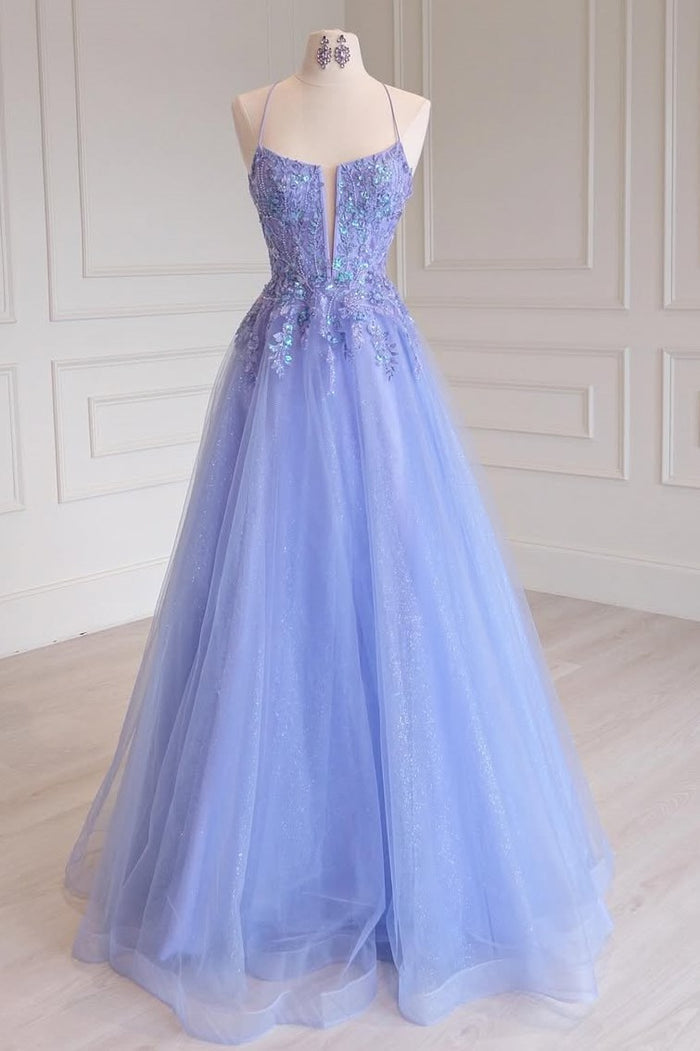 Lilac A-Line Spaghetti Straps V-Neck Sequins Appliques Tulle Prom Dress