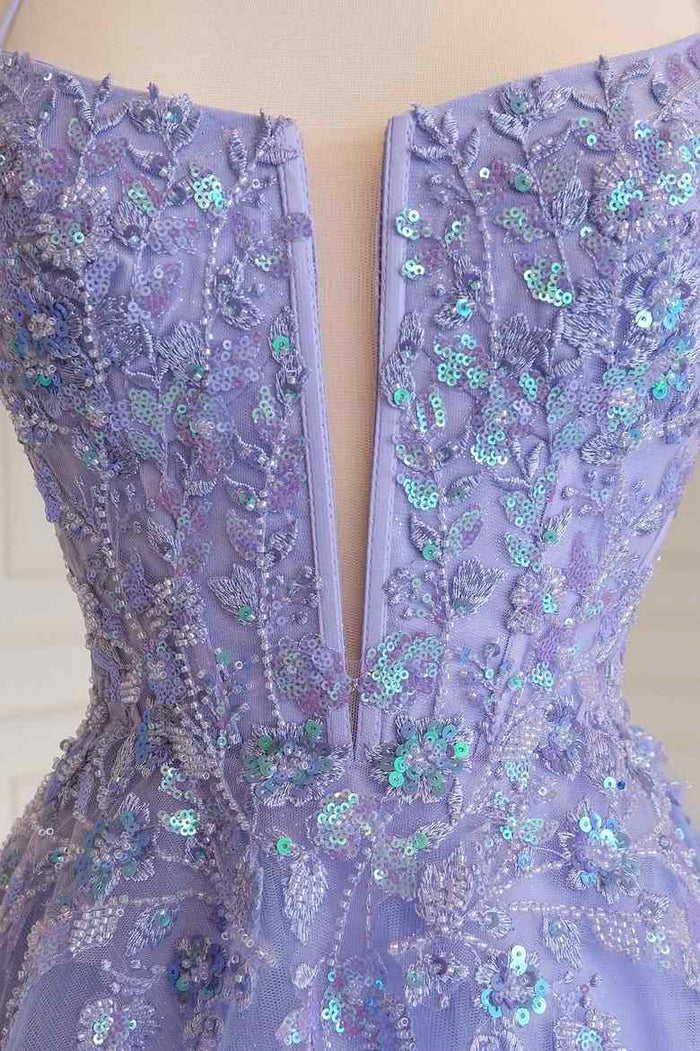 Lilac A-Line Spaghetti Straps V-Neck Sequins Appliques Tulle Prom Dress