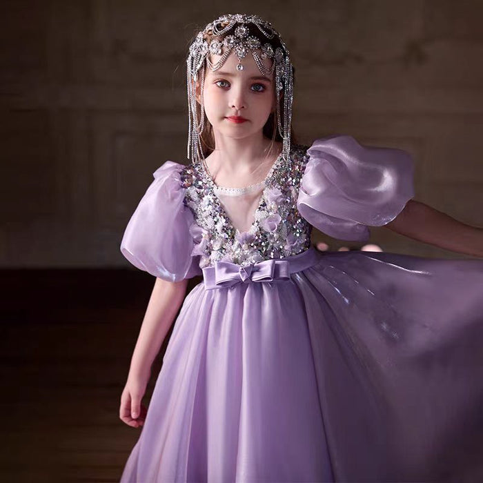 Lilac Beaded Flower Girl Dress for Birthday Party J028