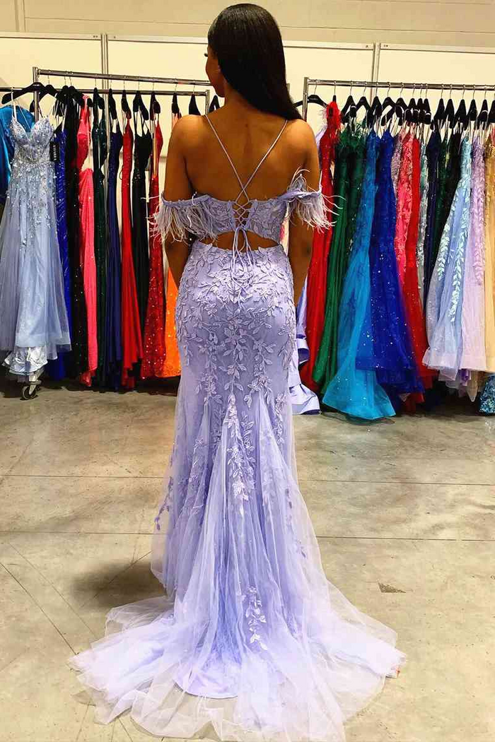 Lilac Cold Shoulder Lace Appliques Mermaid Prom Dress with Feathers