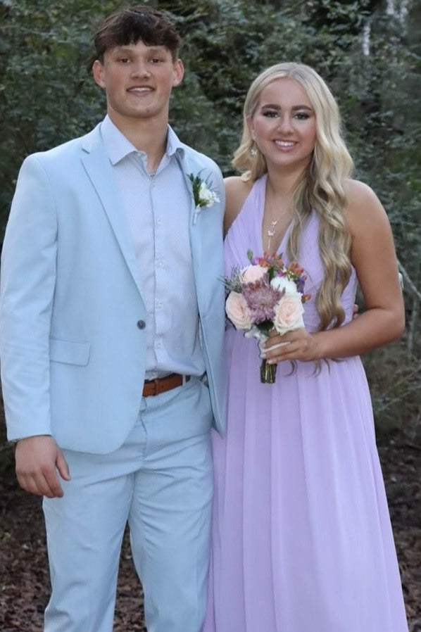 Lilac Halter A-Line V-Neck Empire-Waist Chiffon Long Prom Dress