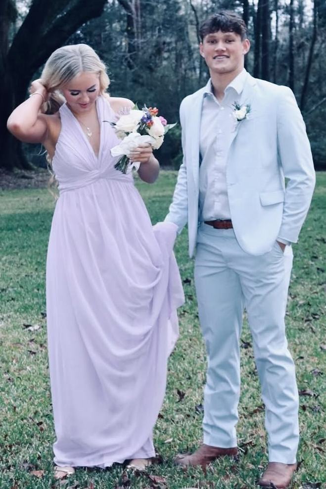 Lilac Halter A-Line V-Neck Empire-Waist Chiffon Long Prom Dress