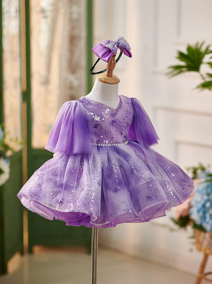 Lilac Knee Length 1st Birthday Girl Dress Puffy Sleeve J307