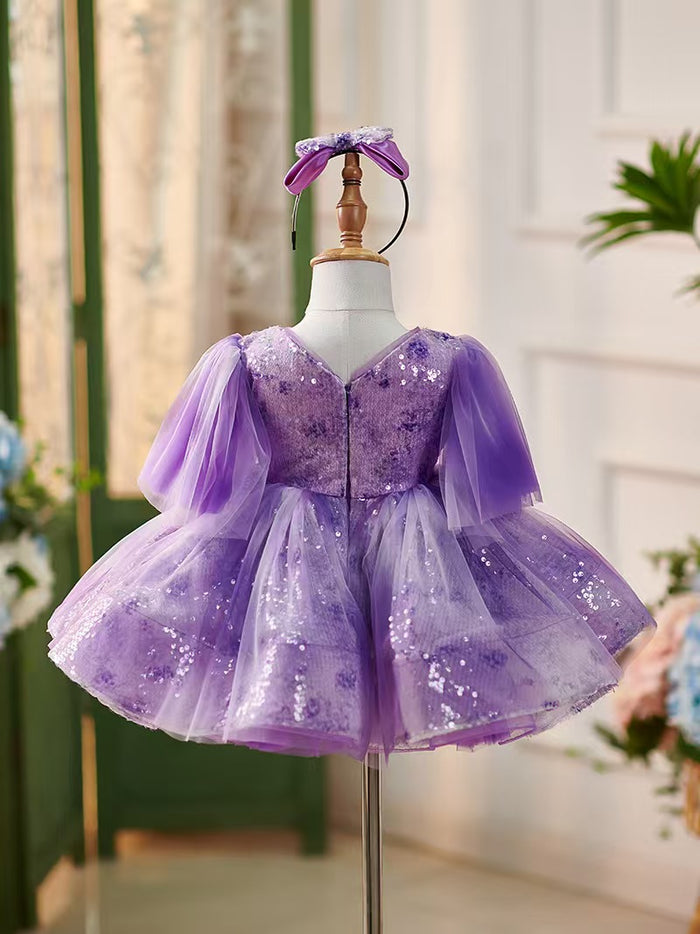 Lilac Knee Length 1st Birthday Girl Dress Puffy Sleeve J307
