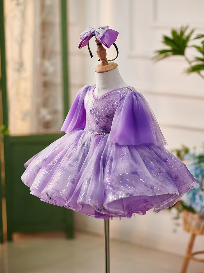 Lilac Knee Length 1st Birthday Girl Dress Puffy Sleeve J307
