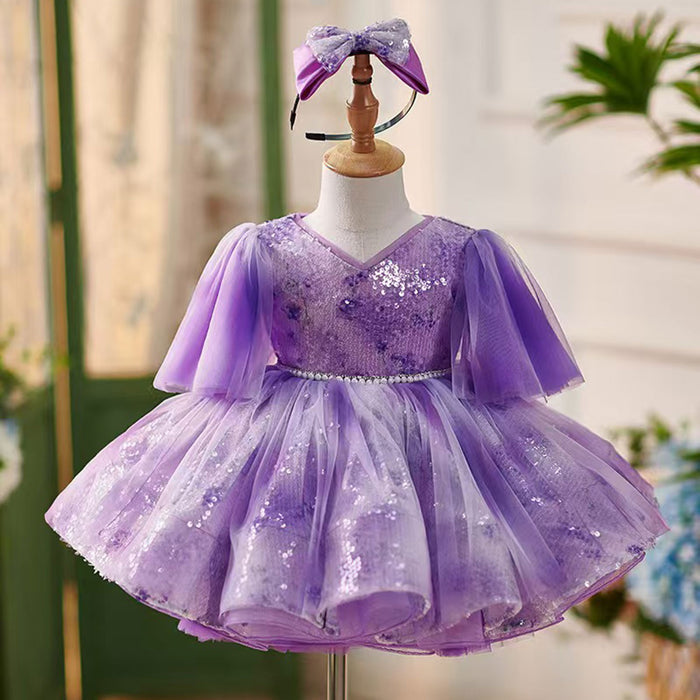 Lilac Knee Length 1st Birthday Girl Dress Puffy Sleeve J307