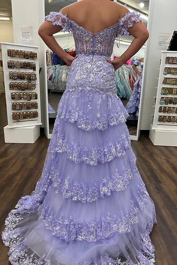 Lilac Off-Shoulder Layered Appliques Prom Dress with Slit