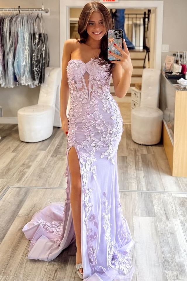 Lilac Strapless Lace Appliques Sweetheart Mermaid Prom Dress with Slit