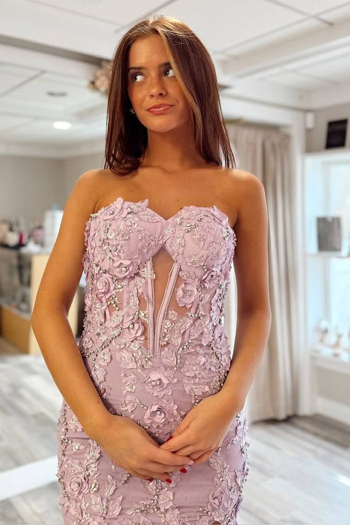Lilac Strapless Lace Appliques Sweetheart Mermaid Prom Dress with Slit
