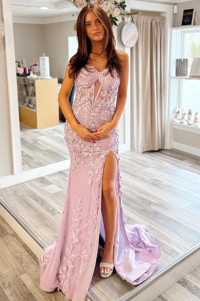 Lilac Strapless Lace Appliques Sweetheart Mermaid Prom Dress with Slit