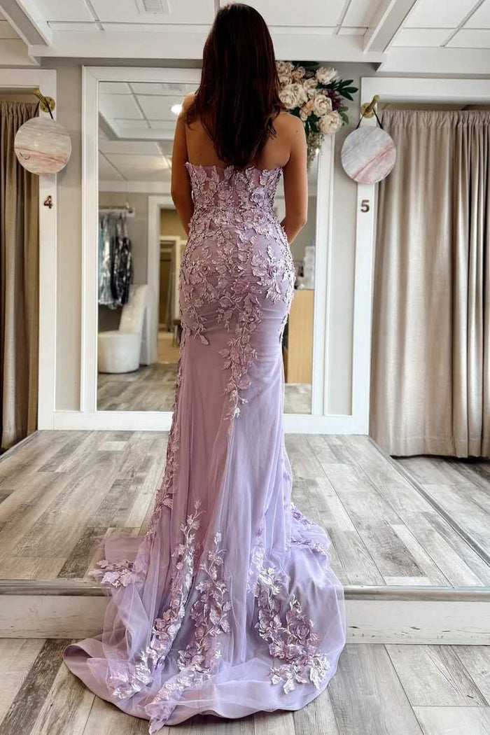 Lilac Strapless Lace Appliques Sweetheart Mermaid Prom Dress with Slit