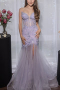 Lilac Strapless V-Neck Lace Appliques Mermaid Long Prom Dress with Slit