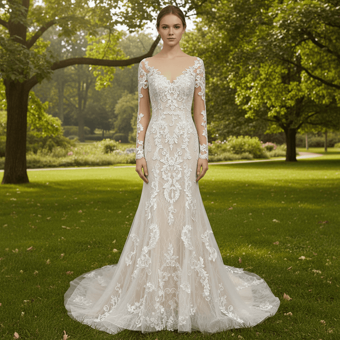 Long Sleeve Mermaid Lace Wedding Dress With Chapel Train - Rosymae