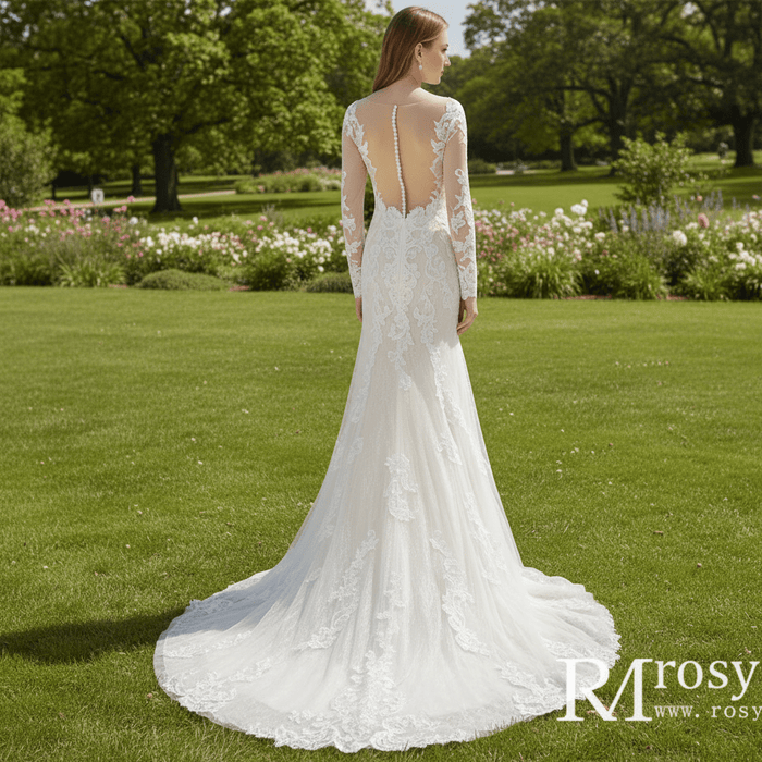 Long Sleeve Mermaid Lace Wedding Dress With Chapel Train - Rosymae