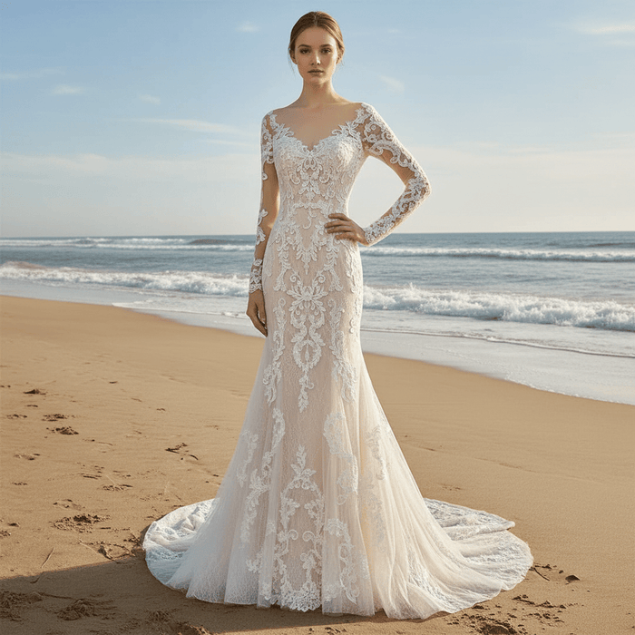 Long Sleeve Mermaid Lace Wedding Dress With Chapel Train - Rosymae