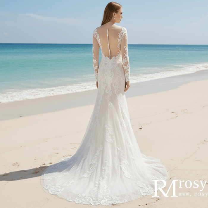 Long Sleeve Mermaid Lace Wedding Dress With Chapel Train - Rosymae