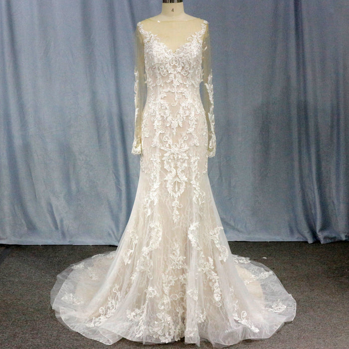 Long Sleeve Mermaid Lace Wedding Dress With Chapel Train - Rosymae