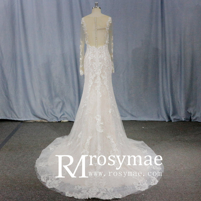 Long Sleeve Mermaid Lace Wedding Dress With Chapel Train - Rosymae