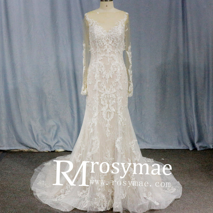 Long Sleeve Mermaid Lace Wedding Dress With Chapel Train - Rosymae