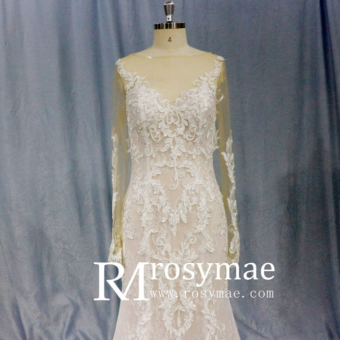 Long Sleeve Mermaid Lace Wedding Dress With Chapel Train - Rosymae