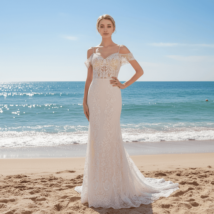 Long Spaghetti Straps Mermaid Lace Wedding Dresses with Beads - Rosymae