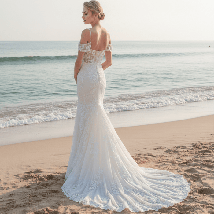 Long Spaghetti Straps Mermaid Lace Wedding Dresses with Beads - Rosymae