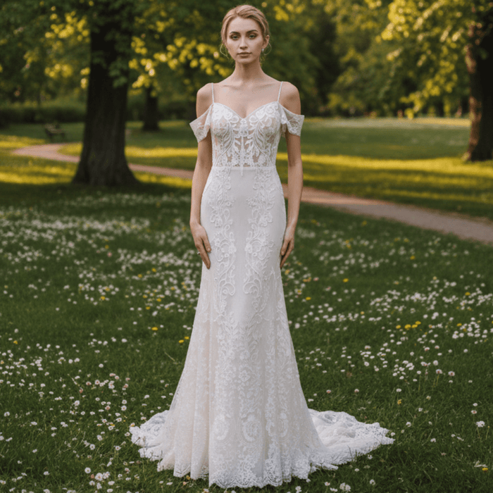 Long Spaghetti Straps Mermaid Lace Wedding Dresses with Beads - Rosymae