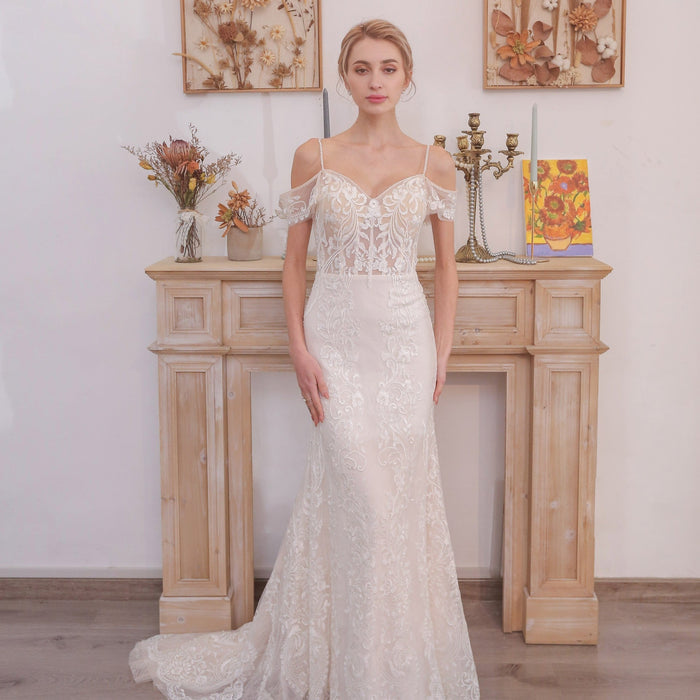 Long Spaghetti Straps Mermaid Lace Wedding Dresses with Beads - Rosymae