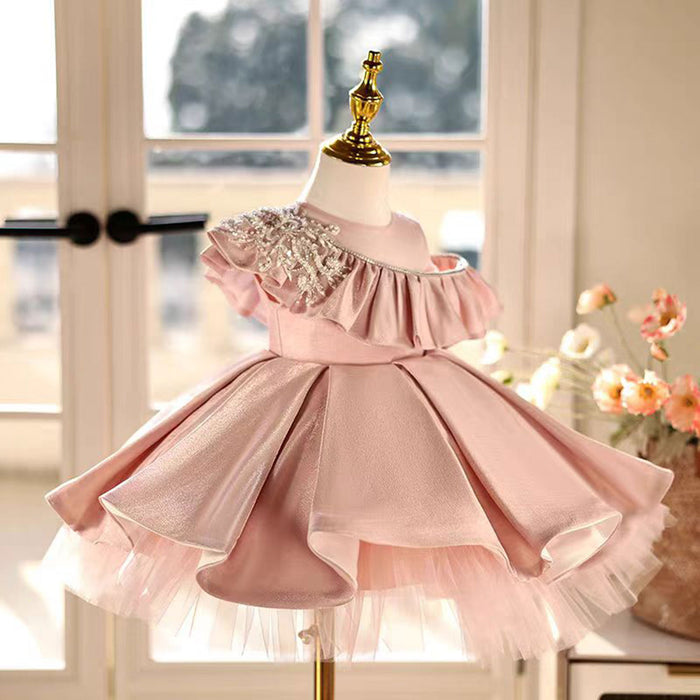 Lovely One-Shoulder Ruffled Satin Pearl Pink Girl Dress D014