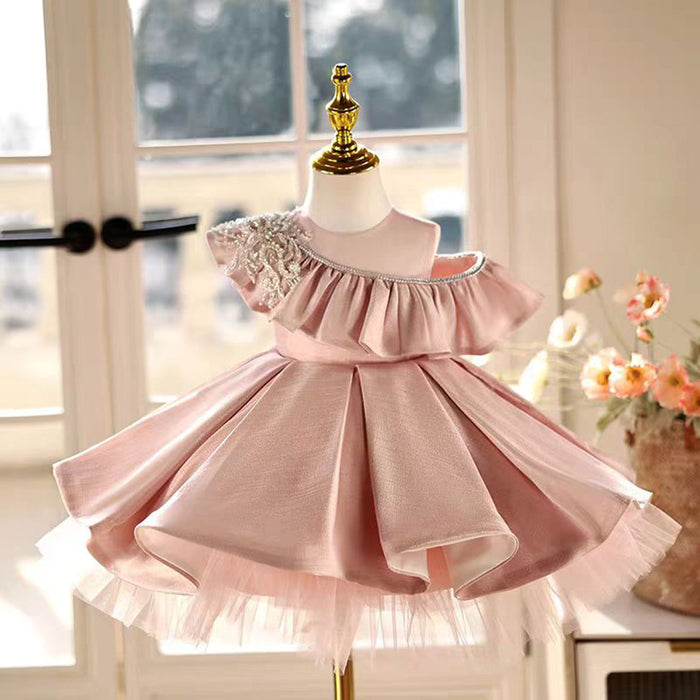 Lovely One-Shoulder Ruffled Satin Pearl Pink Girl Dress D014